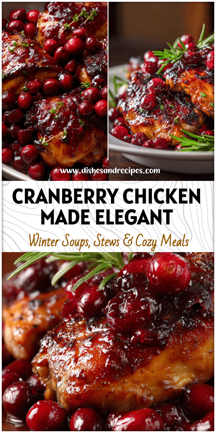 Juicy dark chicken glazed with whole cranberries plated for an elegant winter dinner.